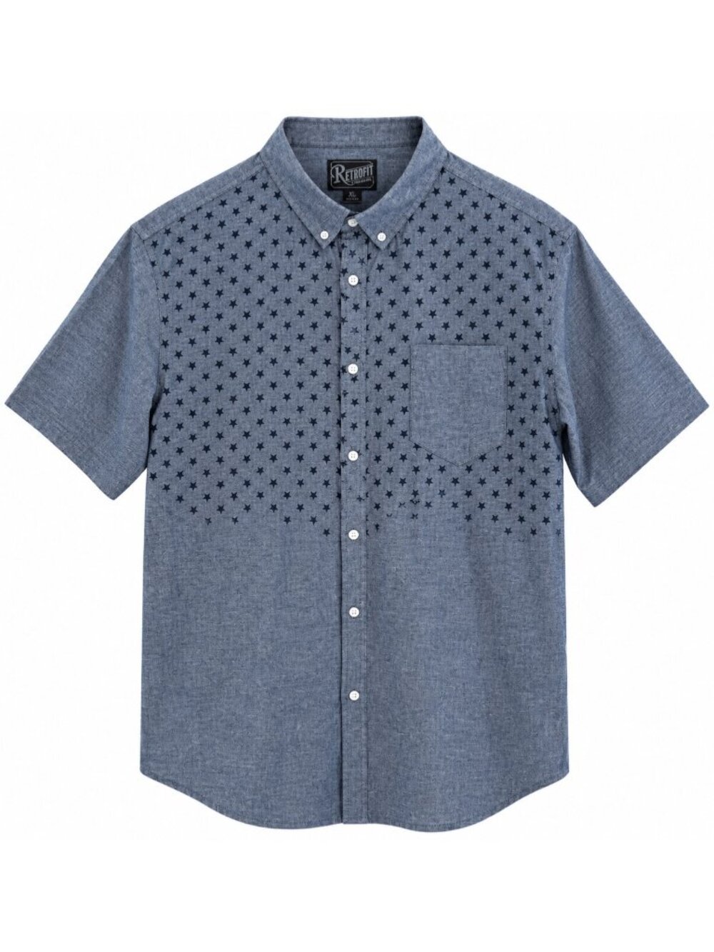 Retrofit Mens Star Print Chambray Short-Sleeve Button-Up Shirt XL 100% Cotton Bl